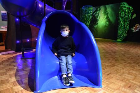 boy sitting on slide